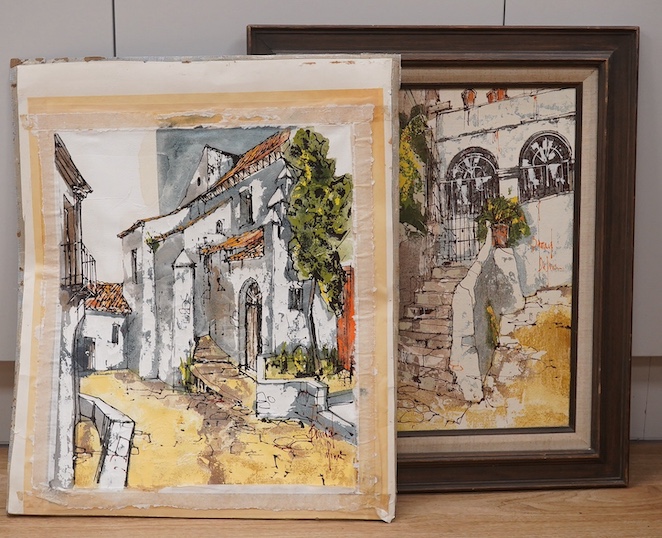 Bernard Dufour (French, 1922-2016), pair of oils on canvas, Continental street scenes, each signed, 44 x 40cm, one framed. Condition - one good, one fair